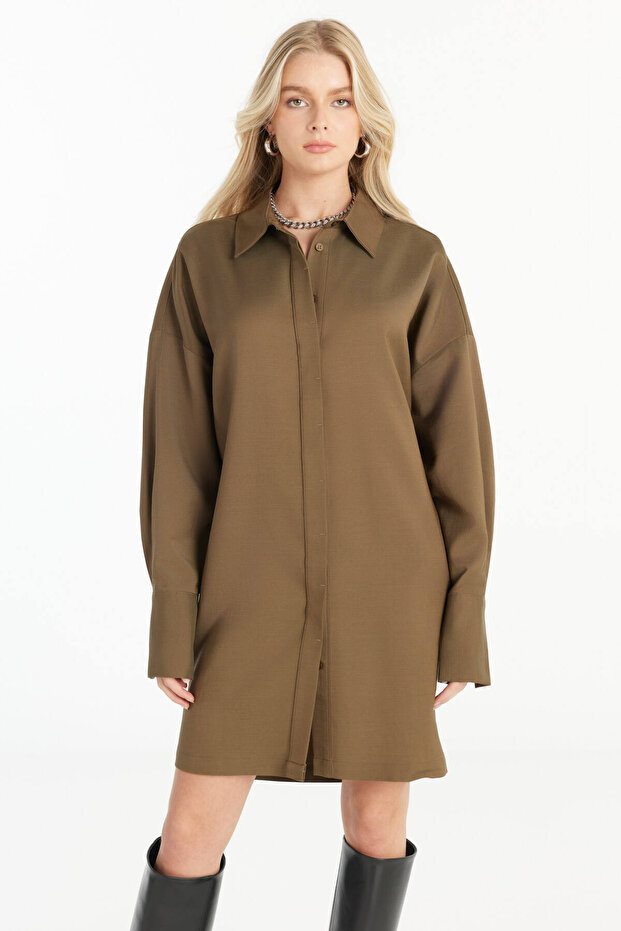 HAKİ YÜNLÜ GÖMLEK ELBİSE - 2