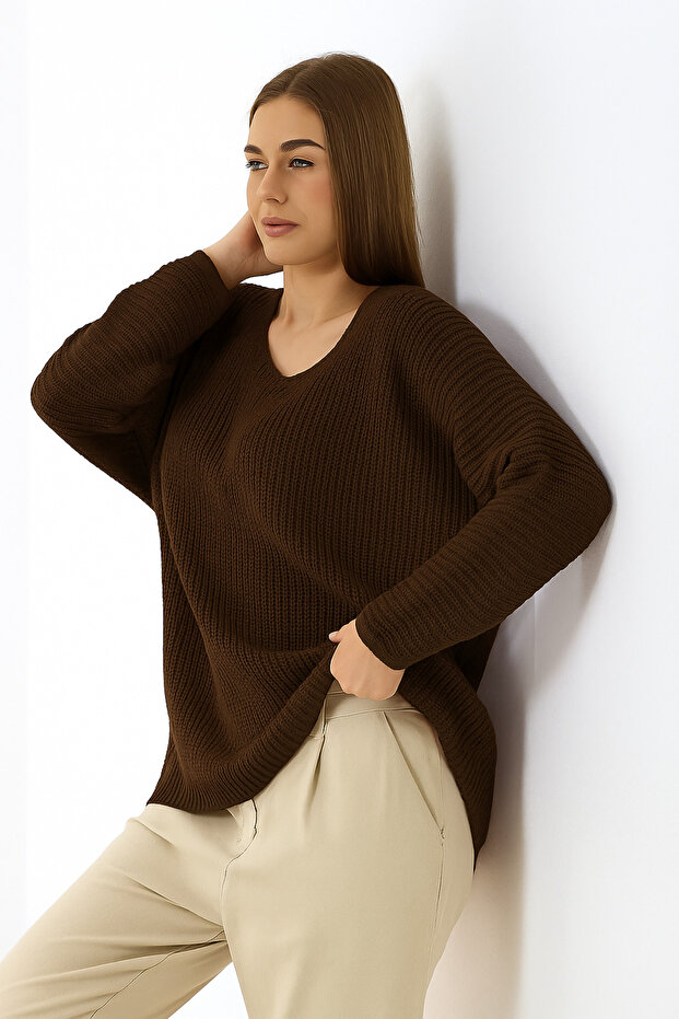 Women's Dark Brown Oversized Casual V-Neck Knitwear Sweater