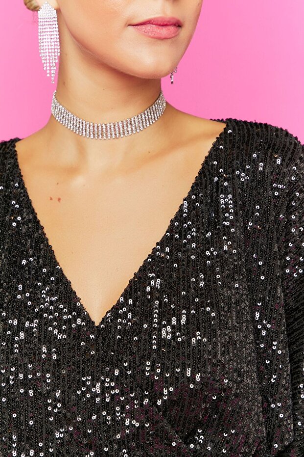 Pul Payetli Çapraz Mini Elbise - 2