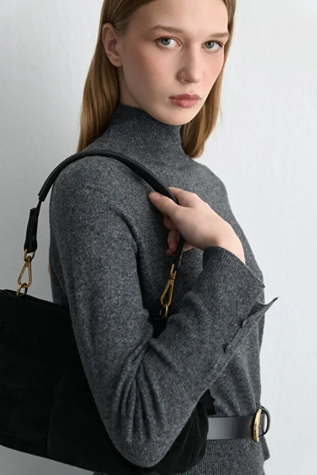 Yünlü Triko Bluz - Antrasit - 3