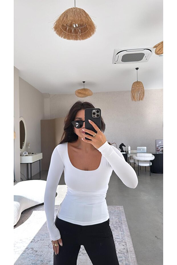 بلوزة بياقة مربعة بيضاء من البولي أميد - 2