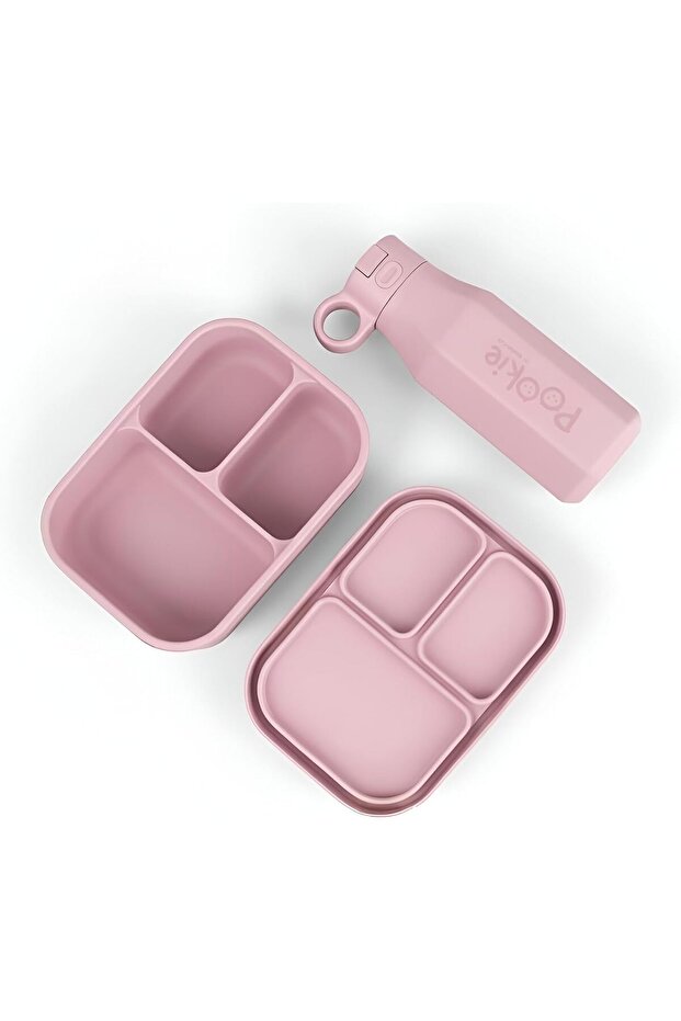 Pookie Silicone Bento Lunch Box & Water Bottle Set (3-Compartment, Dune Pink)