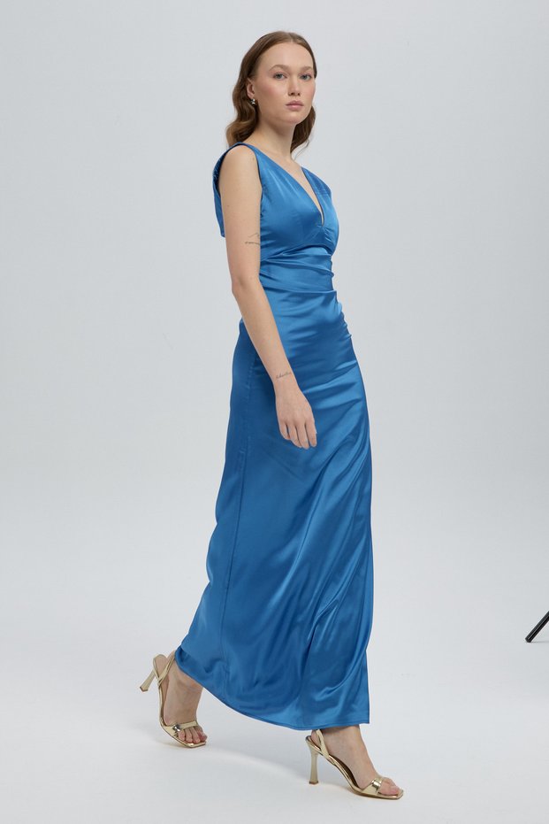 Blue Back Detailed Elara Satin Dress