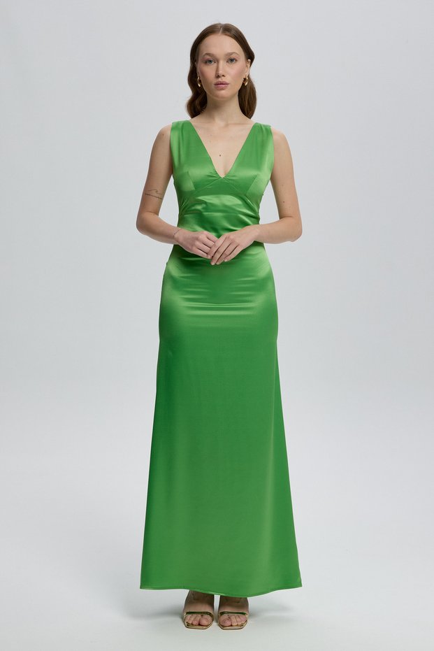 Green Back Detailed Elara Satin Dress