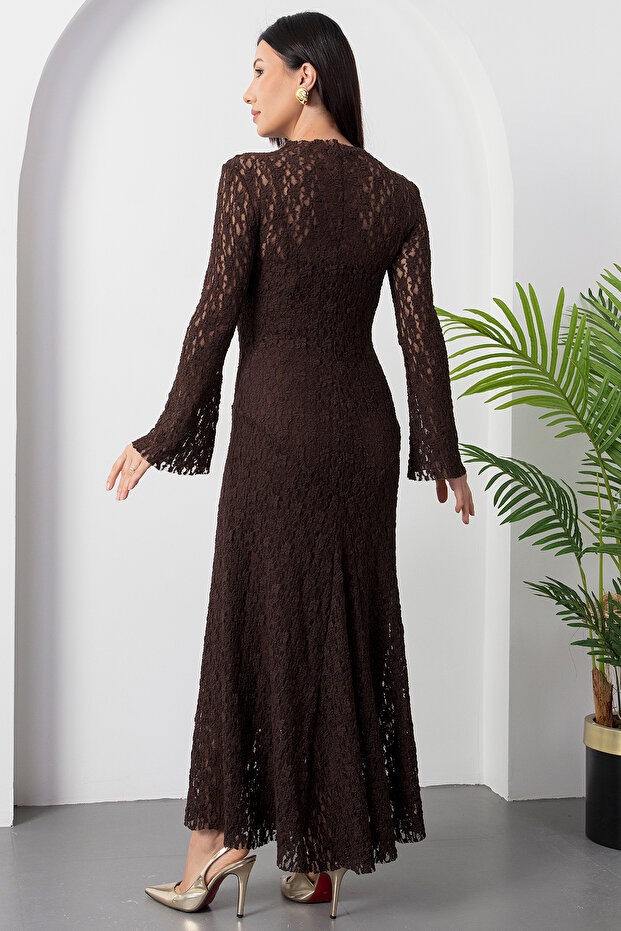 Dik Yaka Astarlı Dantel Elbise NY3066 - 7