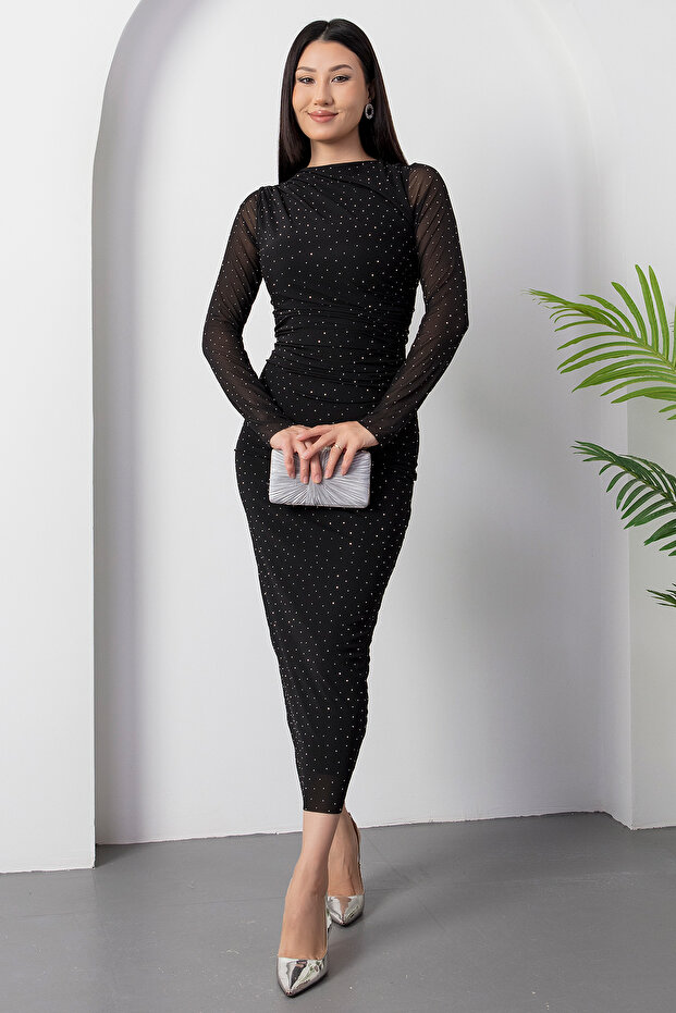 Bisiklet Yaka Drapeli Taşlı Tül Elbise DKS1330 - 4