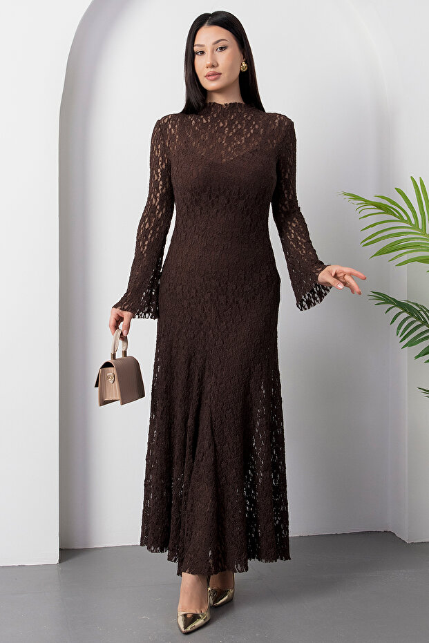 Dik Yaka Astarlı Dantel Elbise NY3066 - 4