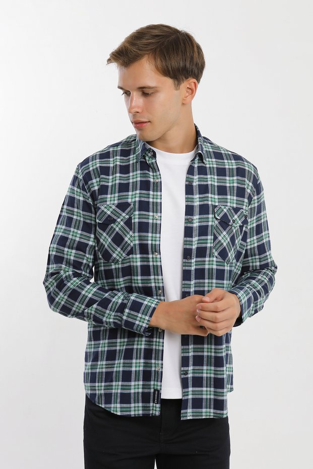 Collar Buttoned Long Sleeve Snap Closure Double Pocket Flap Koton Plaid Men's Shirt
