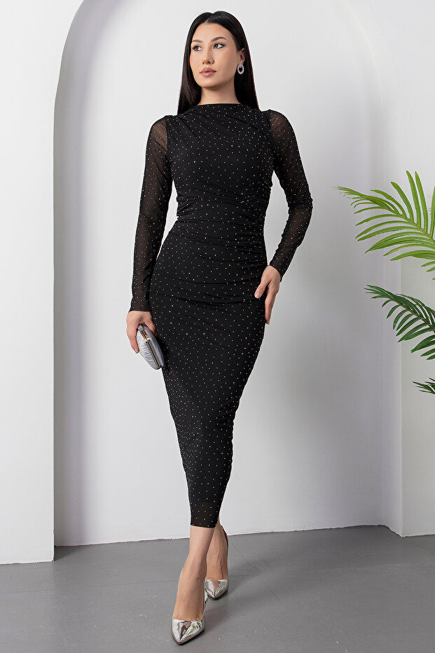 Bisiklet Yaka Drapeli Taşlı Tül Elbise DKS1330 - 1