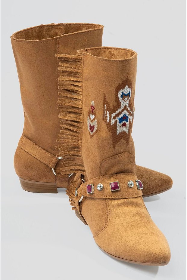 Women's Suede Boots Embroidered Tassel Detail Tan Tessa