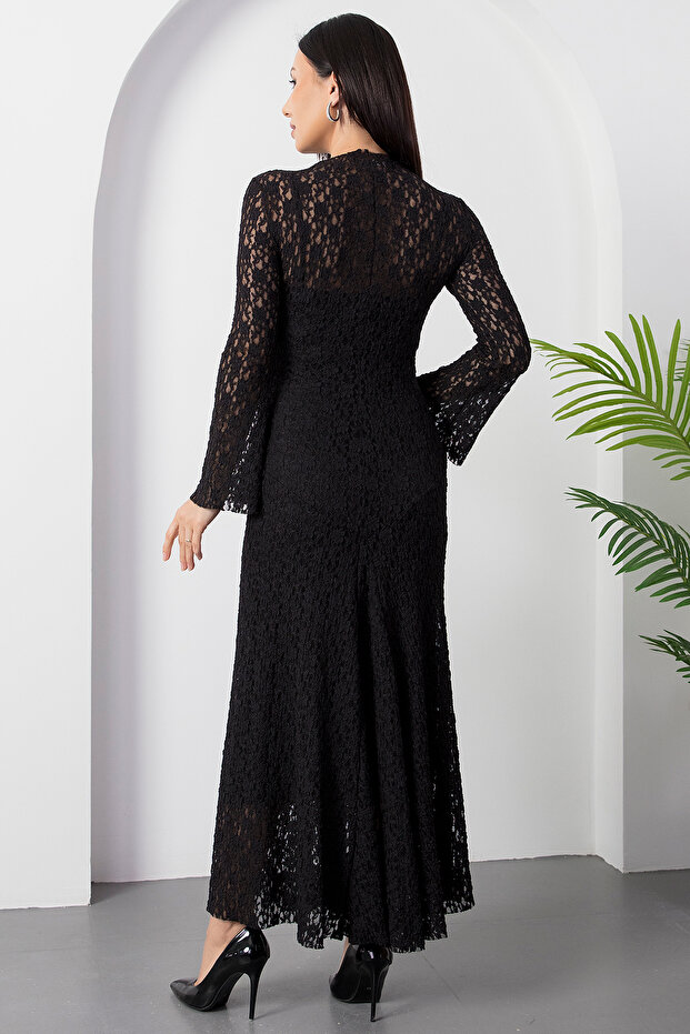 Dik Yaka Astarlı Dantel Elbise NY3066 - 8
