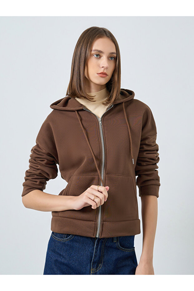 Brown Solid Zip-Up Hoodie