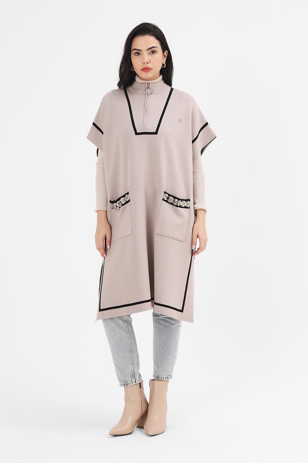 Women's Milk Coffee Striped Pocket Zippered Knitwear Poncho