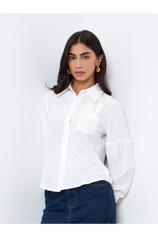 White Applique Pocket Detail Casual Shirt