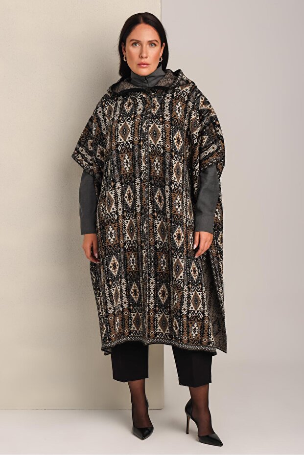 Black Kilim Patterned Hooded Knitwear Women's Poncho