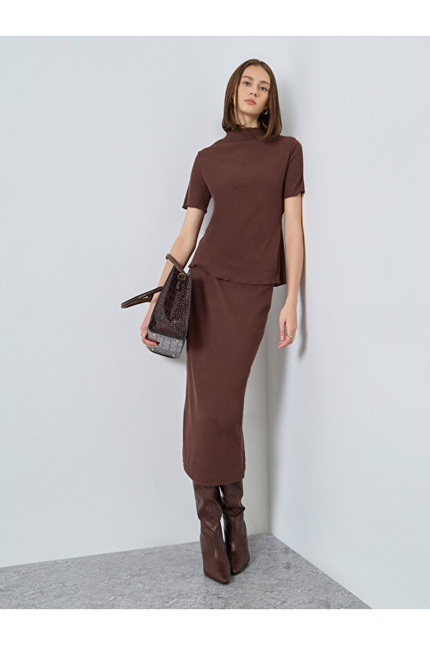 Brown Ribbed Knit Top and Skirt Co-ords