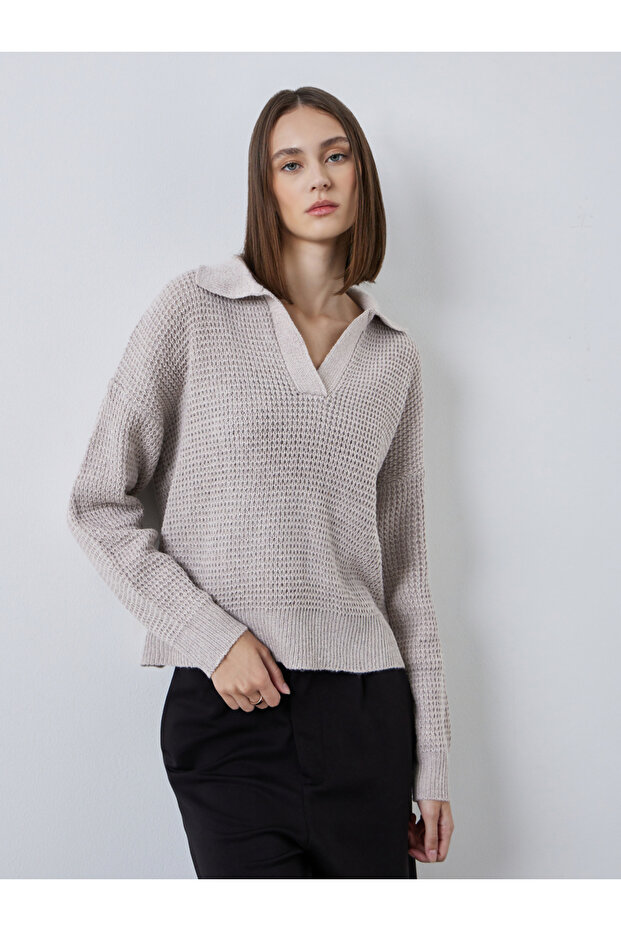 Beige Textured Knit Open Collar Polo T-Shirt