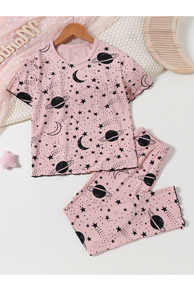 Graphic Print Round Neck Top with Long Pyjama Set