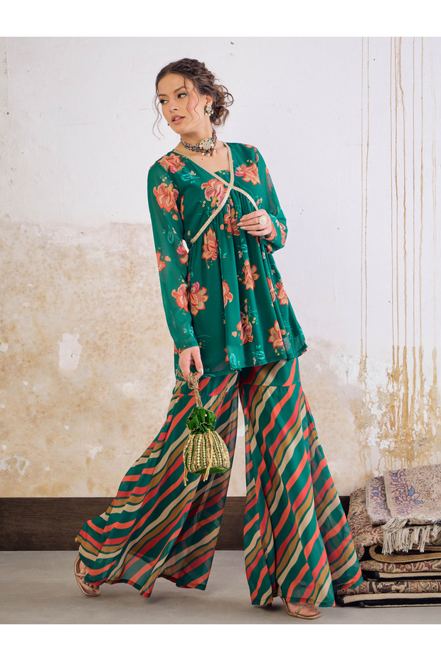 Green Floral V-Neck Peplum Top with Sharara Pants Set
