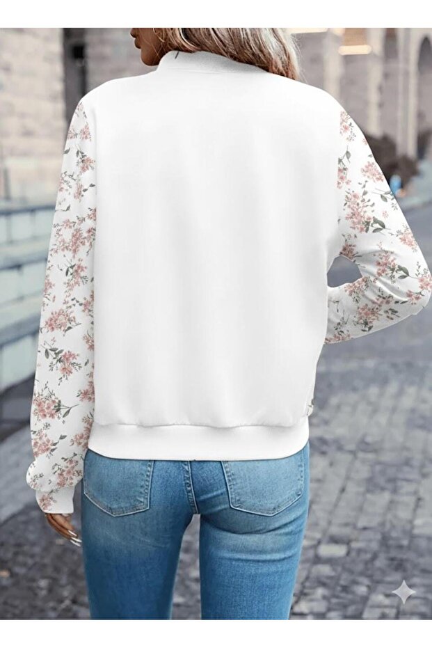 سترة بومبر مزخرفة بنقشة الزهور البيضاء مكونة من موسمي خيوط - موديل أنيق M مع سحاب - 3