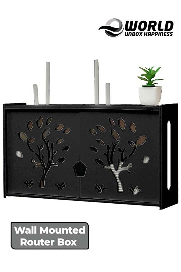 رف جهاز توجيه مثبت على الحائط مع صندوق حماية لوحة التوصيل، أسود - 1