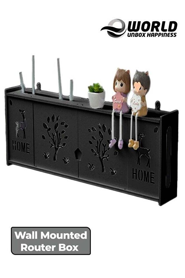 رف جهاز توجيه أنيق مثبت على الحائط مع صندوق حماية لوحة التوصيل، أسود - 1