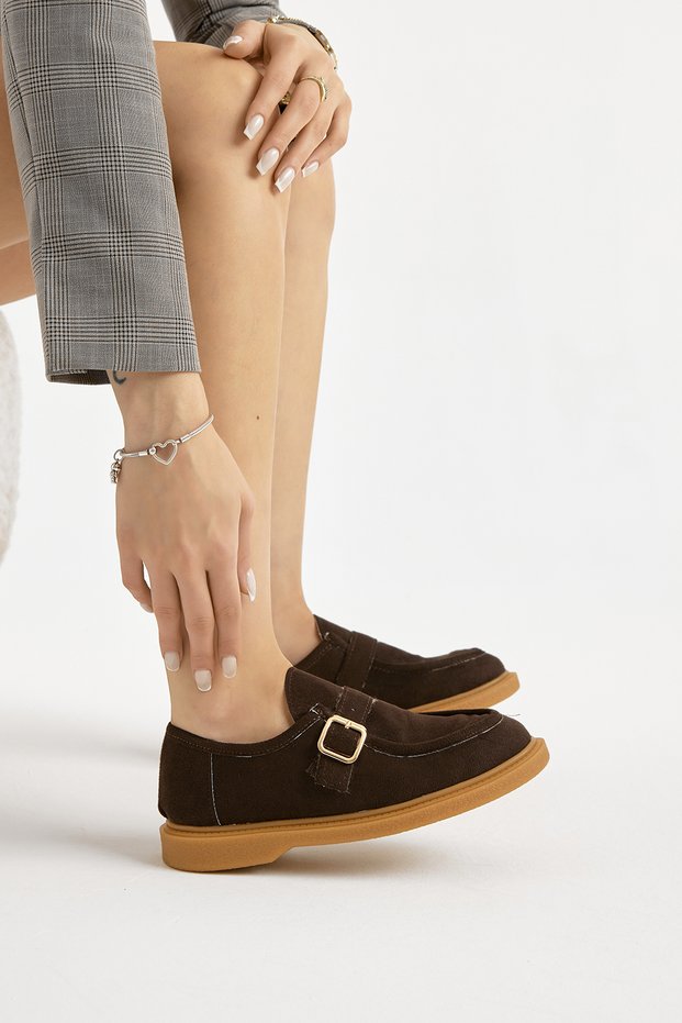 Women's Brown Thermo Sole Suede Look Buckle Casual Loafer