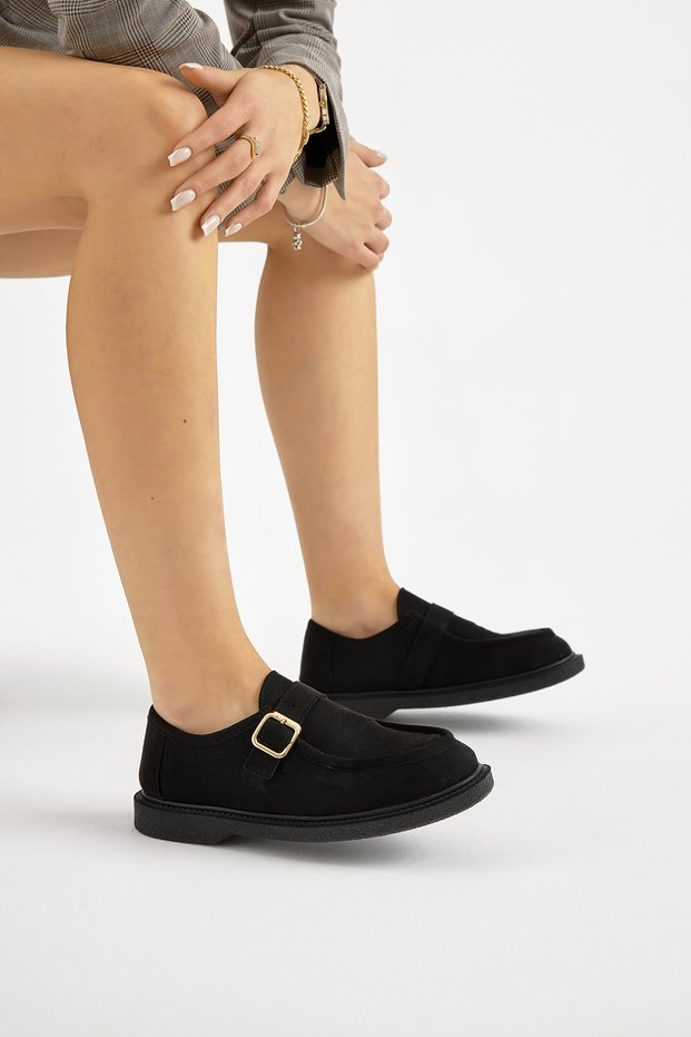 Women's Black Thermo Sole Suede Look Buckle Casual Loafer
