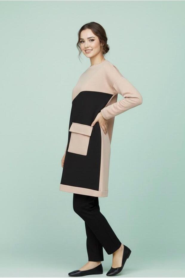 Women's Crew Neck Pocket Detailed Paneled Loose Tunic