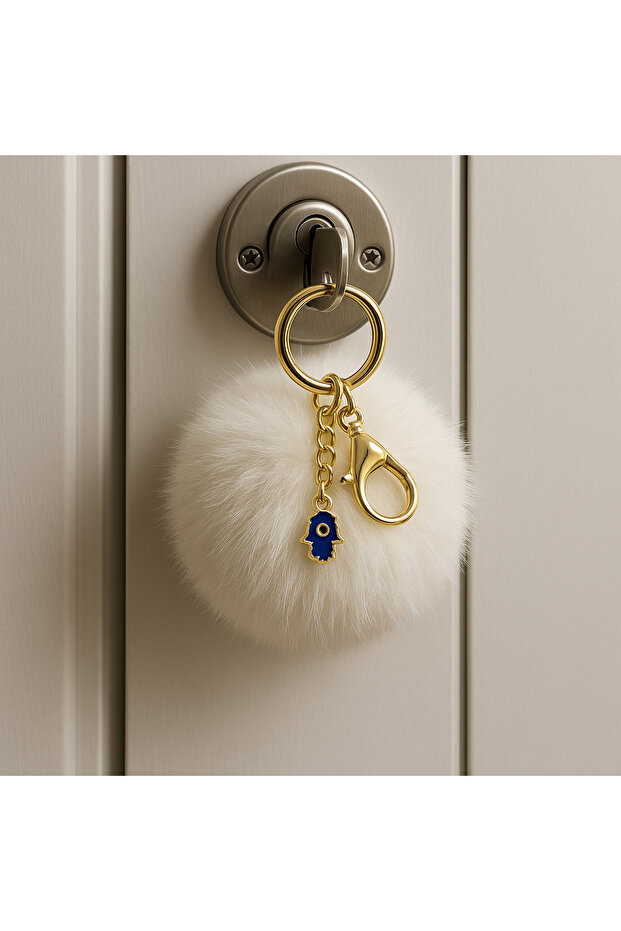 Plush Fluffy Pompom Puff White Furry Blue Evil Eye Beaded Home Office Car Wallet Bag Keychain