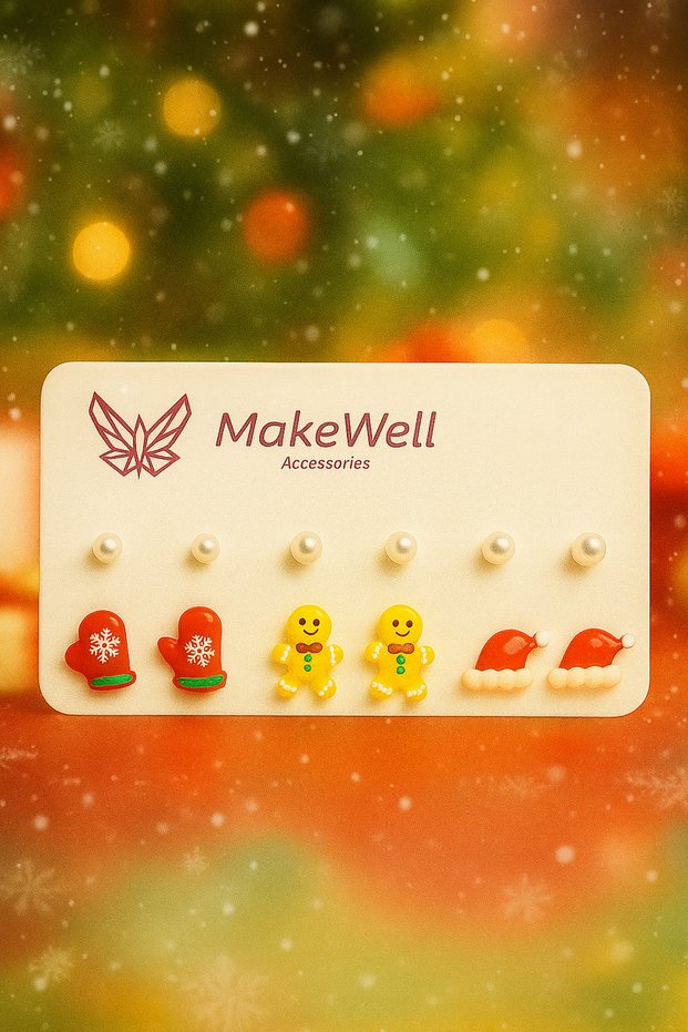 New Year's Concept Colorful Earring Set with Snowman and Pine Tree Figures and Pearl Earrings