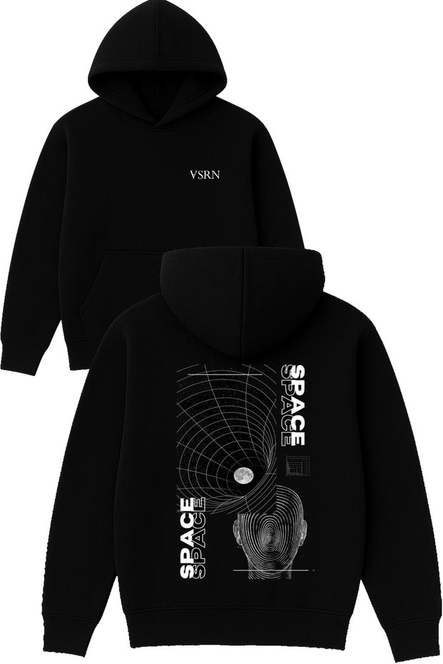 Space Space Design Printed Oversized Black Hooded Sweatshirt