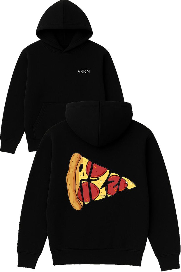 Slice of Pizza Design Printed Oversized Black Hooded Sweatshirt