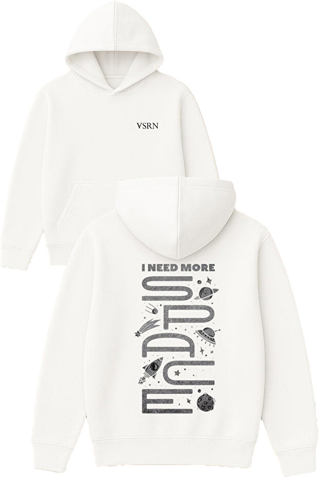 I Need More Space Design Printed Oversized White Hooded Sweatshirt