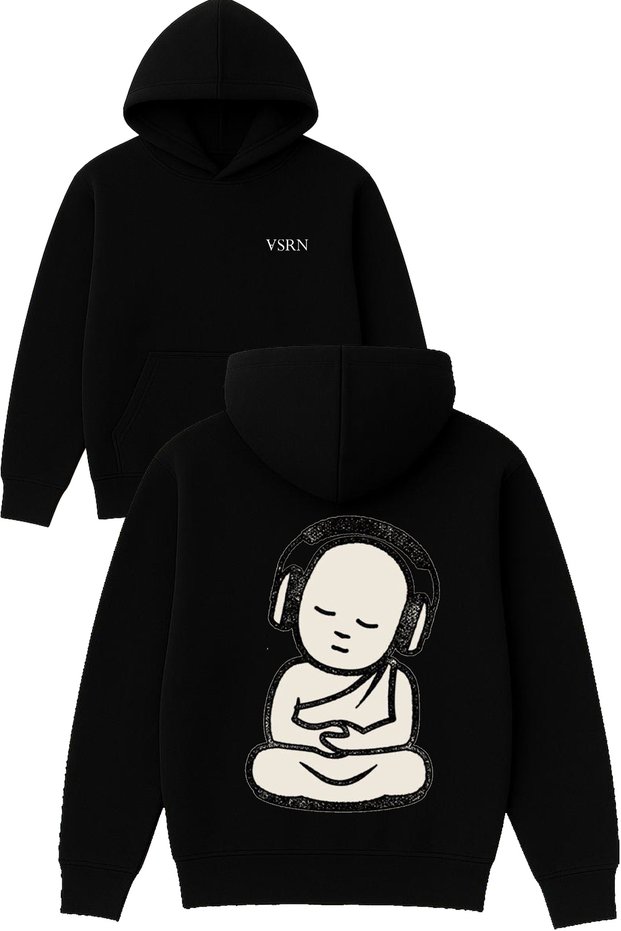 Young Meditation Design Printed Oversized Black Hooded Sweatshirt