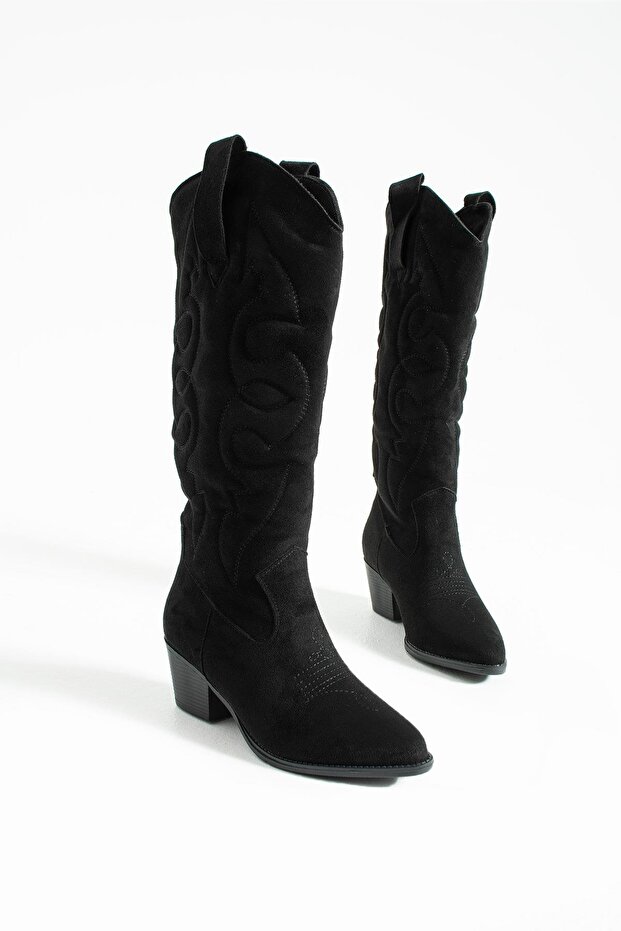 Women's Pointed Toe Heeled Boots Western - Black