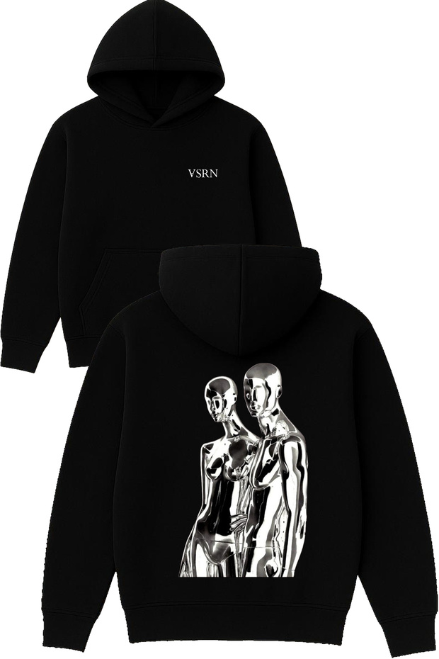 Metallic Dear Design Printed Oversized Black Hooded Sweatshirt