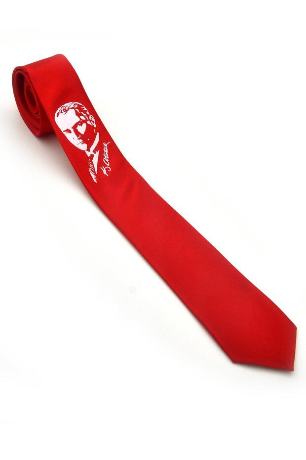 Ataturk Portrait and Signature B Printed S Slim Fit Satin Red Tie - Ak-08