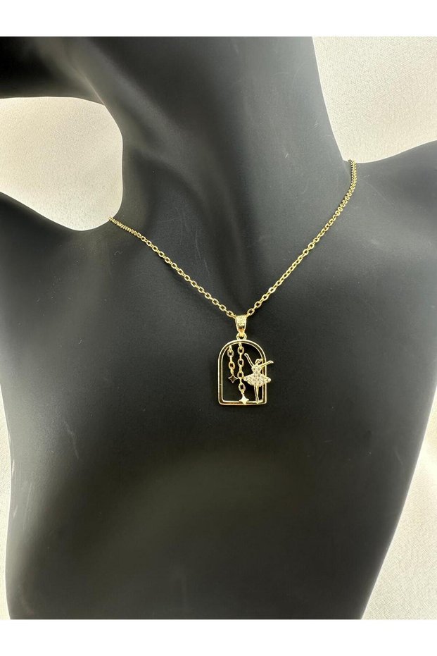Ballerina Model in a Cage with Shiny Stones on Her Dress Stainless Steel Women's Necklace