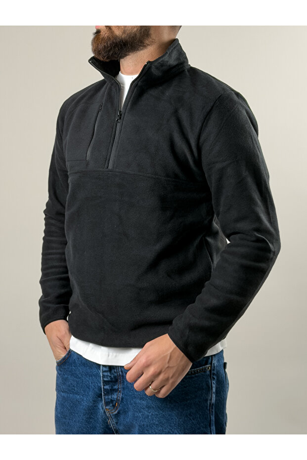 Men's Black Non-Pilling Standard Fit Mock Neck Cold-Proof Fleece Sweatshirt Coc2569