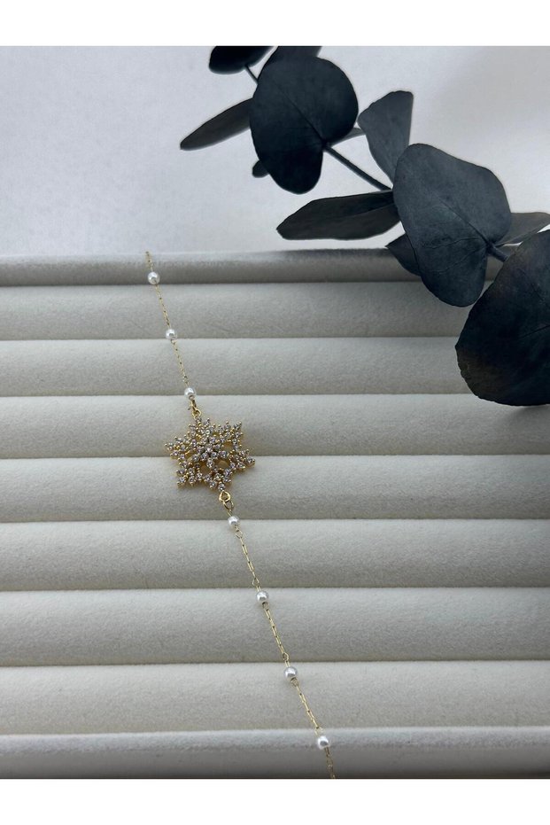 Pearl Detailed Zircon Stone Three-Dimensional Small Snowflake Rotatable Stainless Steel Women's Bracelet