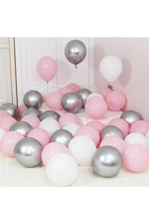 Metallic Silver, Pink, and White Balloon Set of 30 – Helium-Filled Party Decorations
