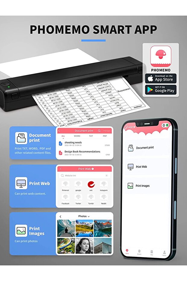 Portable A4 thermal printer, Bluetooth, USB, compatible with iOS/Android/Windows/MAC, thermal print - 4