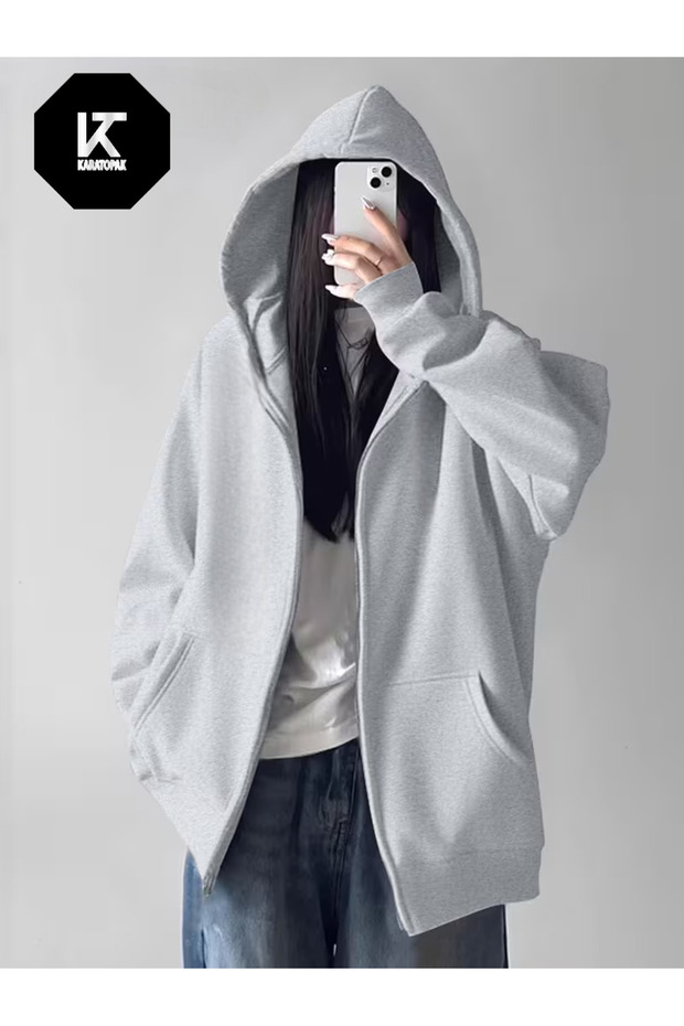 Unisex Kangaroo Pocket Oversize Hooded Zippered Sweatshirt / Cardigan