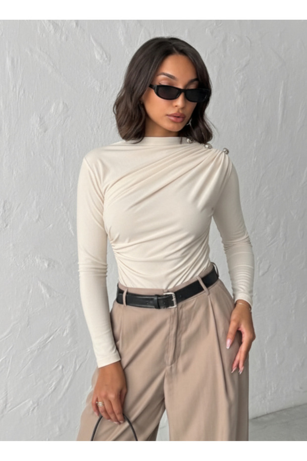 Women's Purple Boat Neck Shoulder Buttoned Gathered Long Sleeve Sandy Fabric Blouse