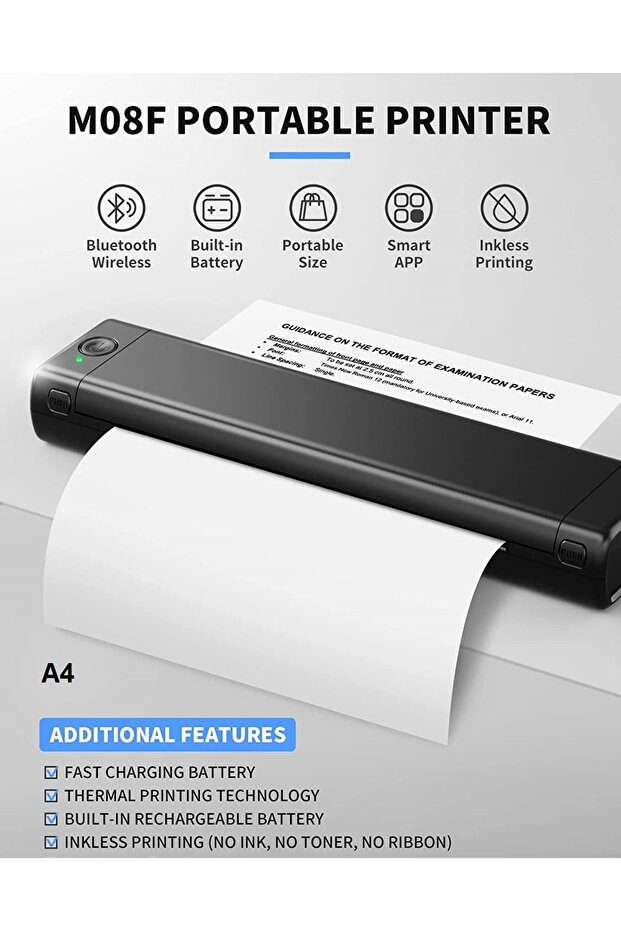 Portable A4 thermal printer, Bluetooth, USB, compatible with iOS/Android/Windows/MAC, thermal print - 3