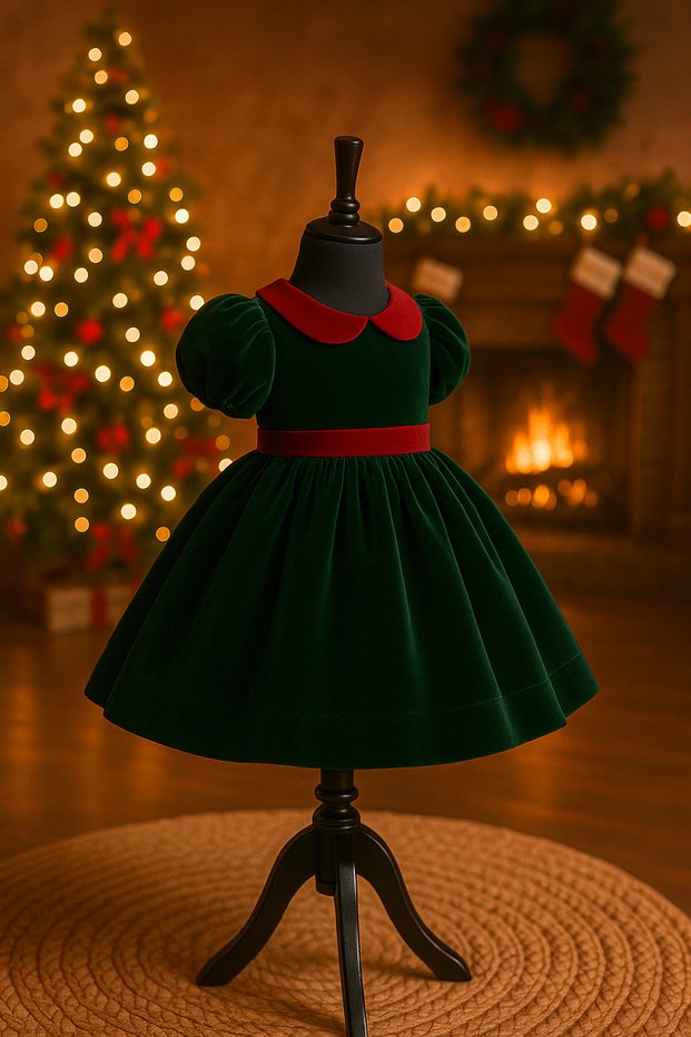 Girls' Green Velvet Christmas Dress, New Year's Dress