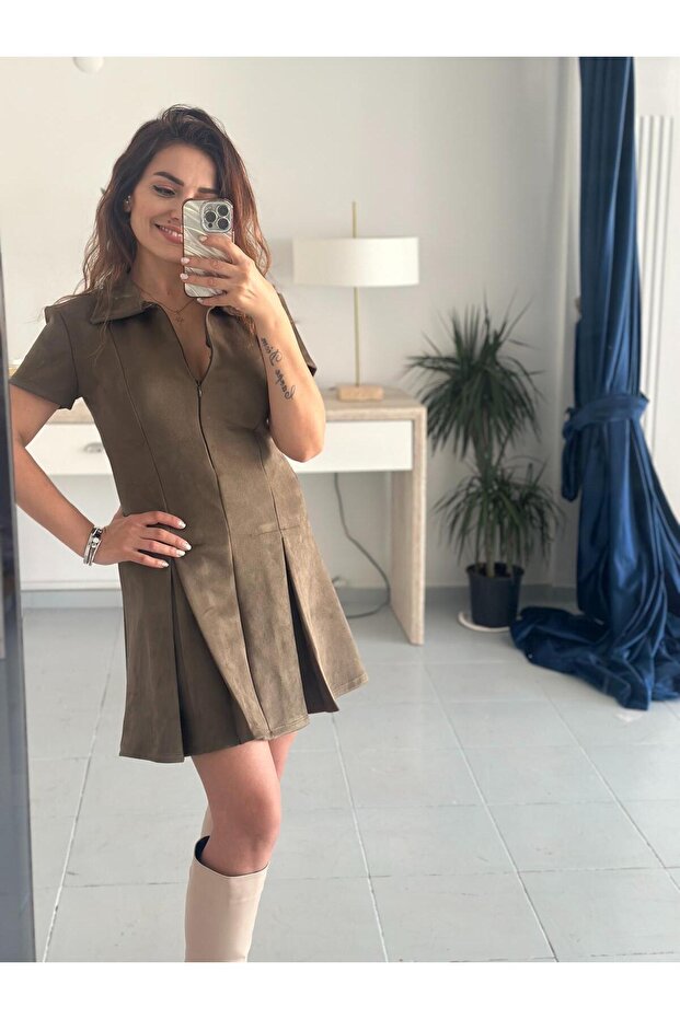 Khaki Color Zippered Suede Dress