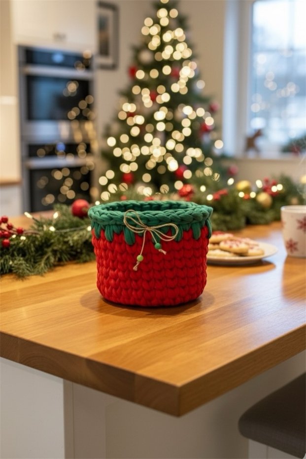 Knitted Christmas Basket New Year Basket Red Basket Christmas Basket, Hand Knitted Christmas Gift Basket