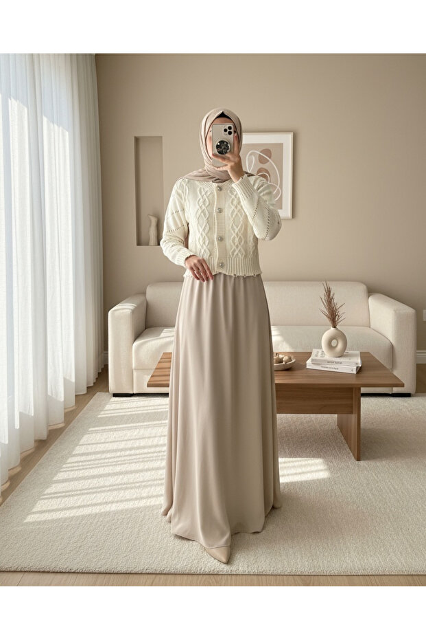 كارديجان قصير ممزق بأزرار حجرية - بيج